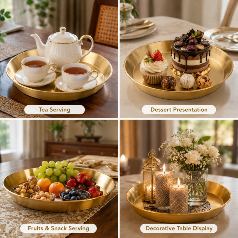 Deep Round Stainless Steel Serving Tray – Gold Matte Finish (34x4cm)