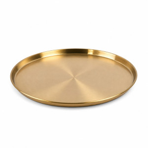 Gold-Finished Round Stainless Steel Serving Tray – Brushed Texture & Raised Edges (30x2cm) Gold-Finished Round Stainless Steel Serving Tray – Brushed Texture & Raised Edges (30x2cm)