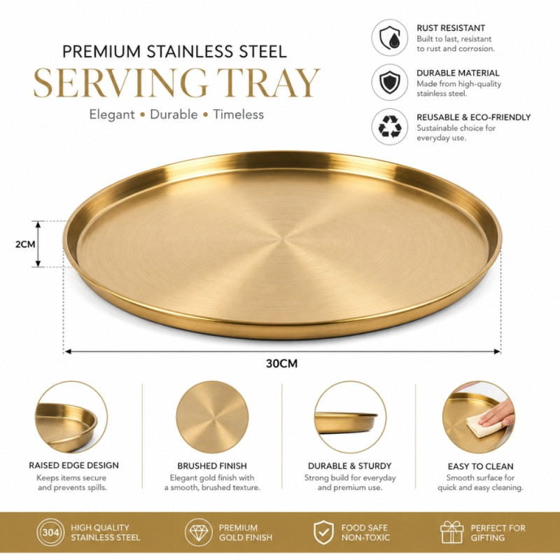 Gold-Finished Round Stainless Steel Serving Tray – Brushed Texture &amp; Raised Edges (30x2cm)
