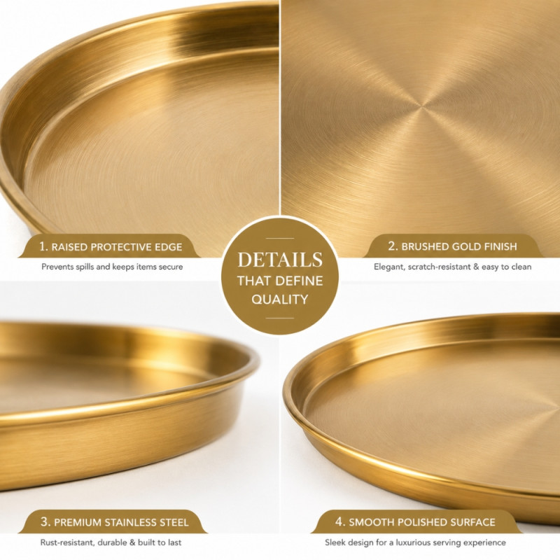 Gold-Finished Round Stainless Steel Serving Tray – Brushed Texture &amp; Raised Edges (30x2cm)