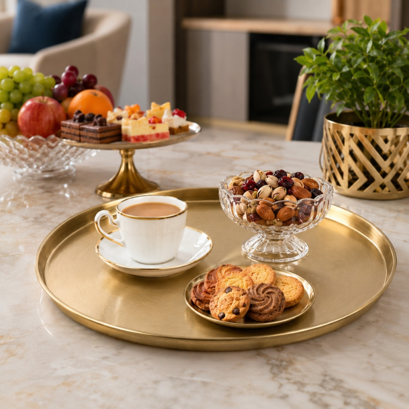 Gold-Finished Round Stainless Steel Serving Tray – Brushed Texture &amp; Raised Edges (30x2cm)