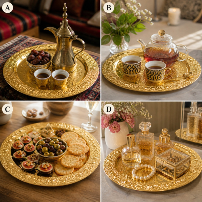 Vintage Gold-Plated Decorative Serving Tray – Traditional Filigree Pattern (30.5cm)