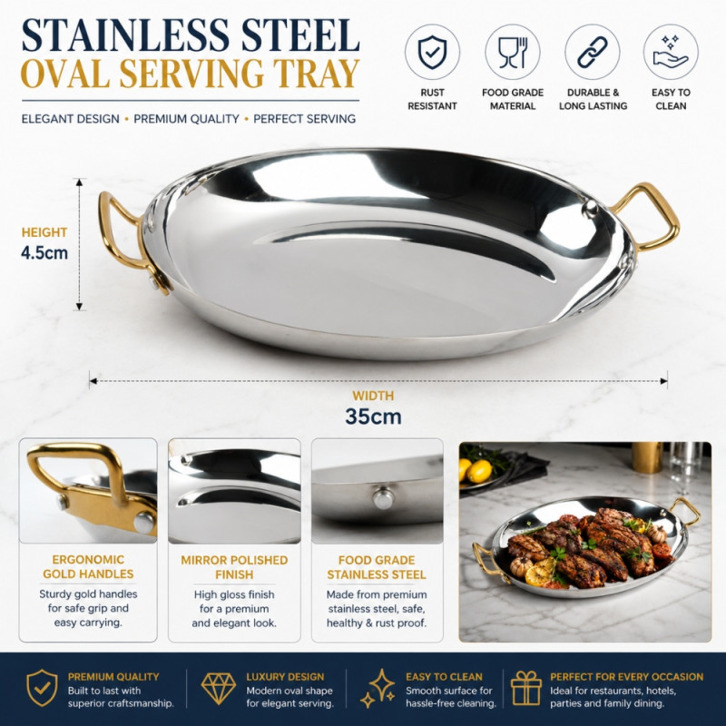 Oval Stainless Steel serving Tray with Gold-Plated Handles – Mirror Silver (35x4.5cm)