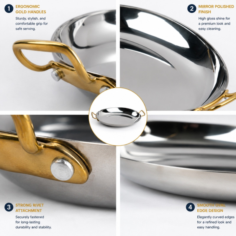 Oval Stainless Steel serving Tray with Gold-Plated Handles – Mirror Silver (35x4.5cm)