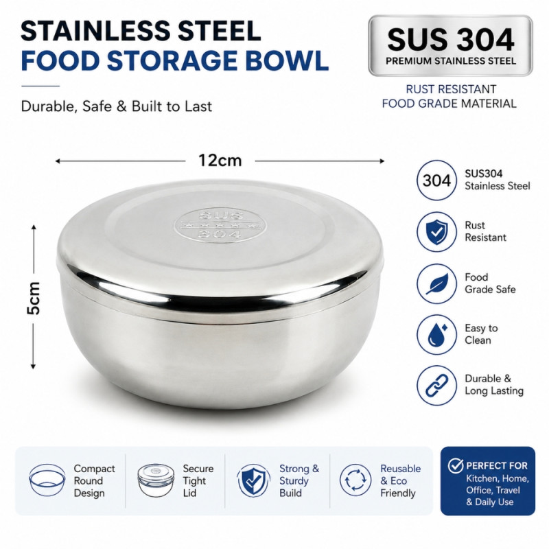 Premium Stainless Steel Food Storage Bowl with Lid – Mirror Silver (12x5cm)