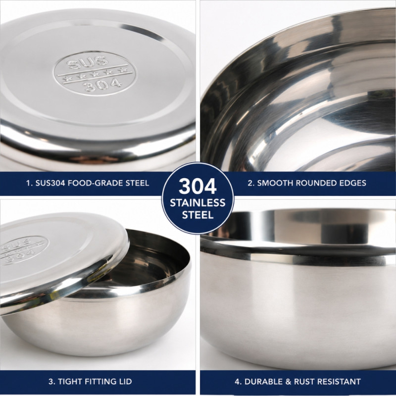 Premium Stainless Steel Food Storage Bowl with Lid – Mirror Silver (12x5cm)