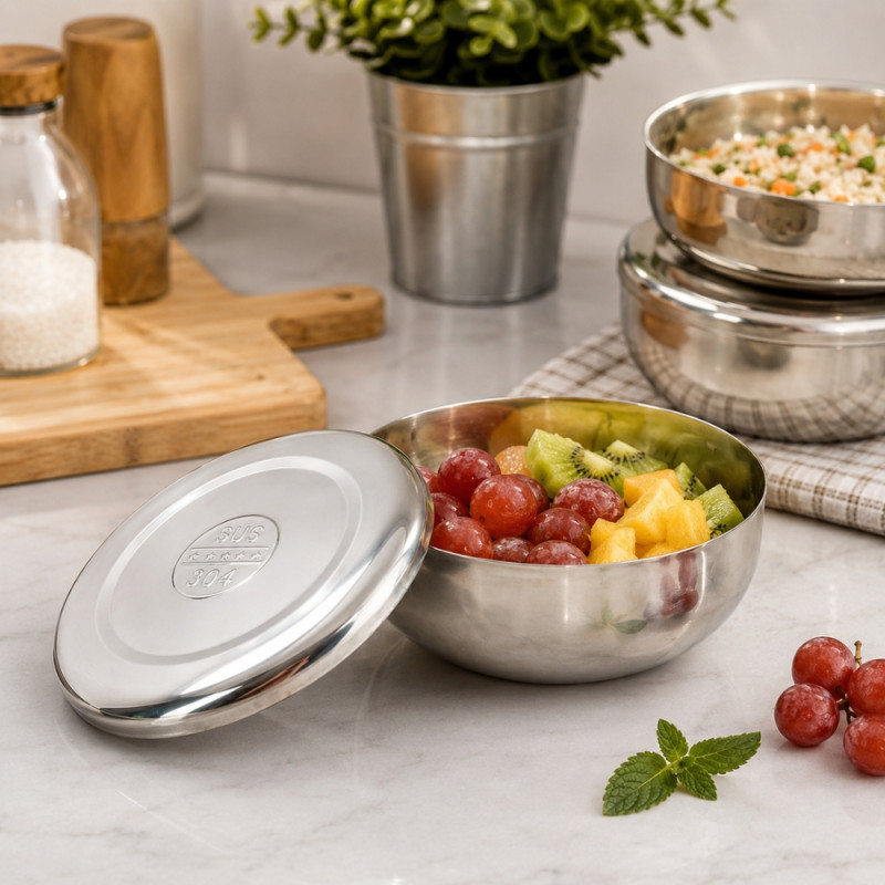 Premium Stainless Steel Food Storage Bowl with Lid – Mirror Silver (12x5cm)