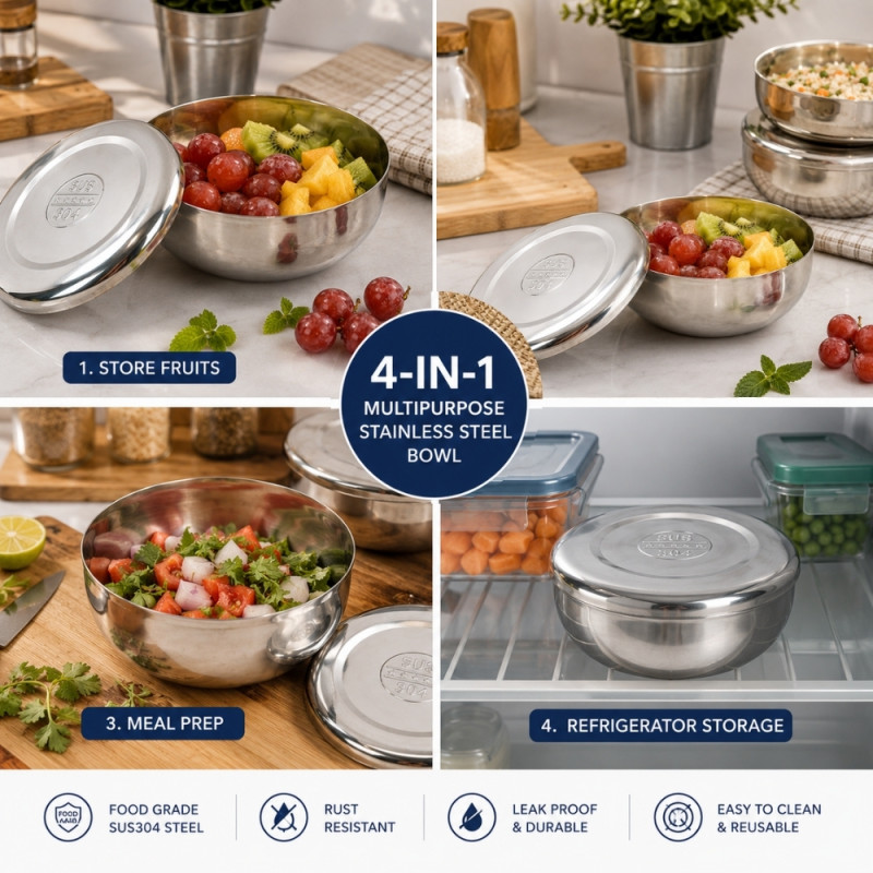 Premium Stainless Steel Food Storage Bowl with Lid – Mirror Silver (12x5cm)