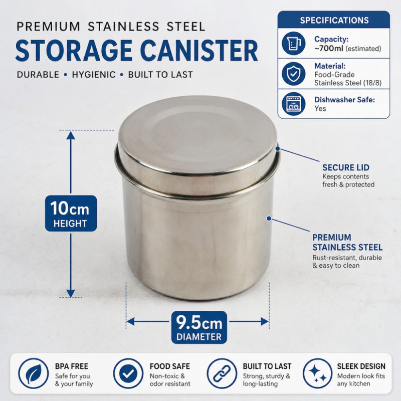 Professional Stainless Steel Food Storage Canister – Silver (10x9.5cm)