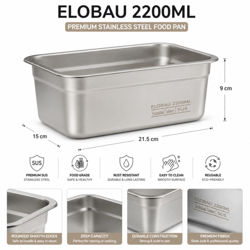 Professional 2200ml Stainless Steel Gastronorm (GN) Container – Compact Silver (21.5x15x9cm)