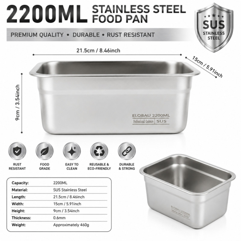 Professional 2200ml Stainless Steel Gastronorm (GN) Container – Compact Silver (21.5x15x9cm)