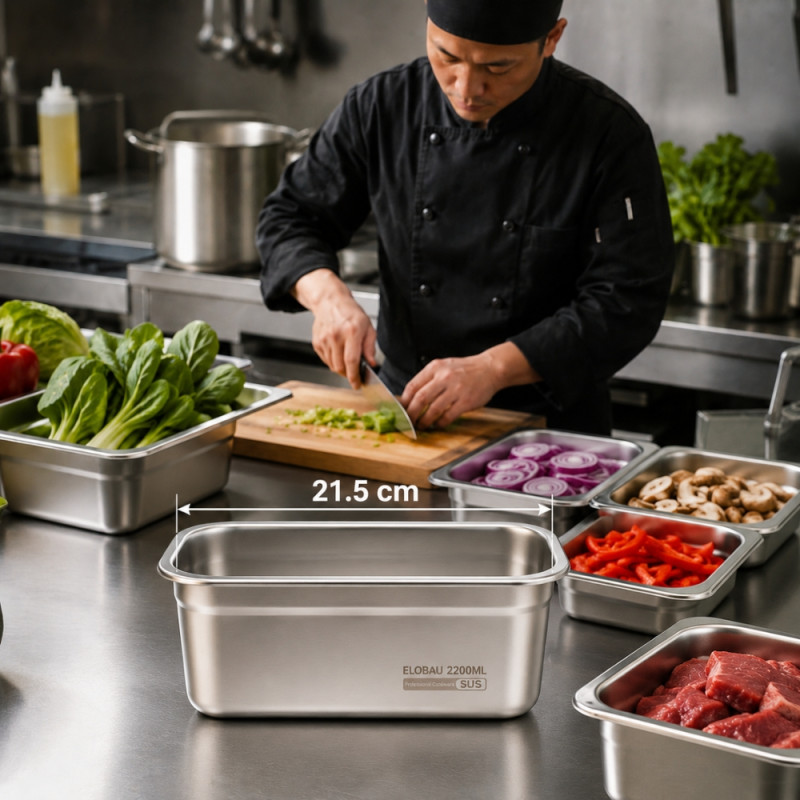 Professional 2200ml Stainless Steel Gastronorm (GN) Container – Compact Silver (21.5x15x9cm)