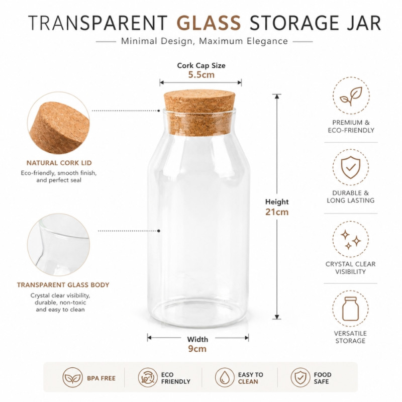 Minimalist Clear Glass Storage Jar with Natural Cork Lid – 5.5cm Cap (21x9cm)