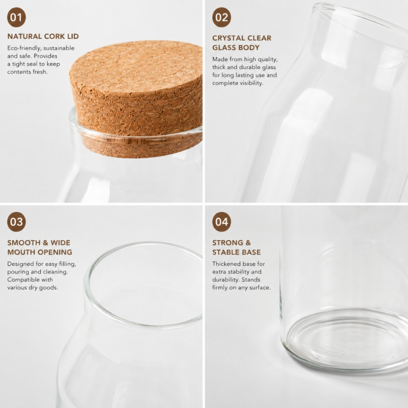 Minimalist Clear Glass Storage Jar with Natural Cork Lid – 5.5cm Cap (21x9cm)