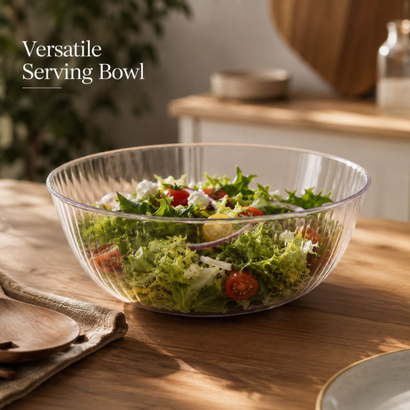 Clear, Ridged Glass Serving Bowl with a 33cm Diameter and 10cm Height – 10x33cm – Transparent