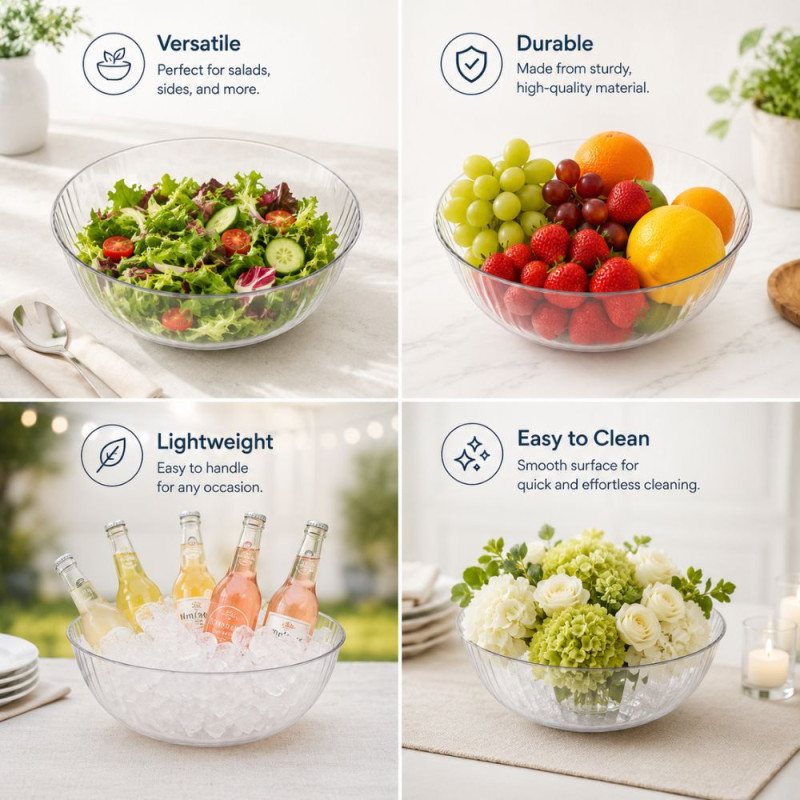 Clear, Ridged Glass Serving Bowl with a 33cm Diameter and 10cm Height – 10x33cm – Transparent