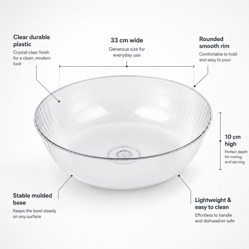 Clear, Ridged Glass Serving Bowl with a 33cm Diameter and 10cm Height – 10x33cm – Transparent
