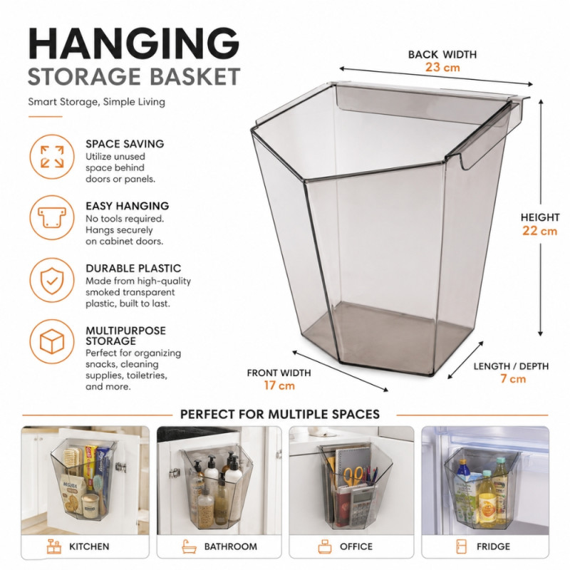 Versatile Transparent Plastic Hanging Storage Basket – Compact White Organizer (23x22x7cm)