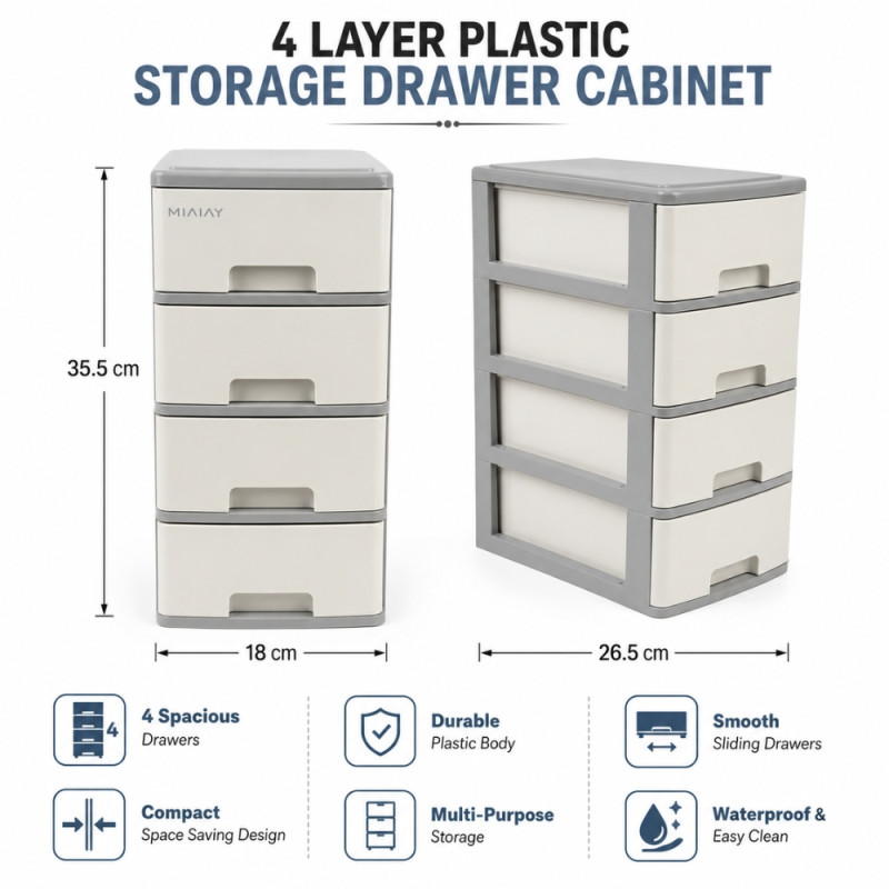 4-Tier Plastic Storage Cabinet – Off-White & Gray – 35.5 x 18 x 26.5 cm