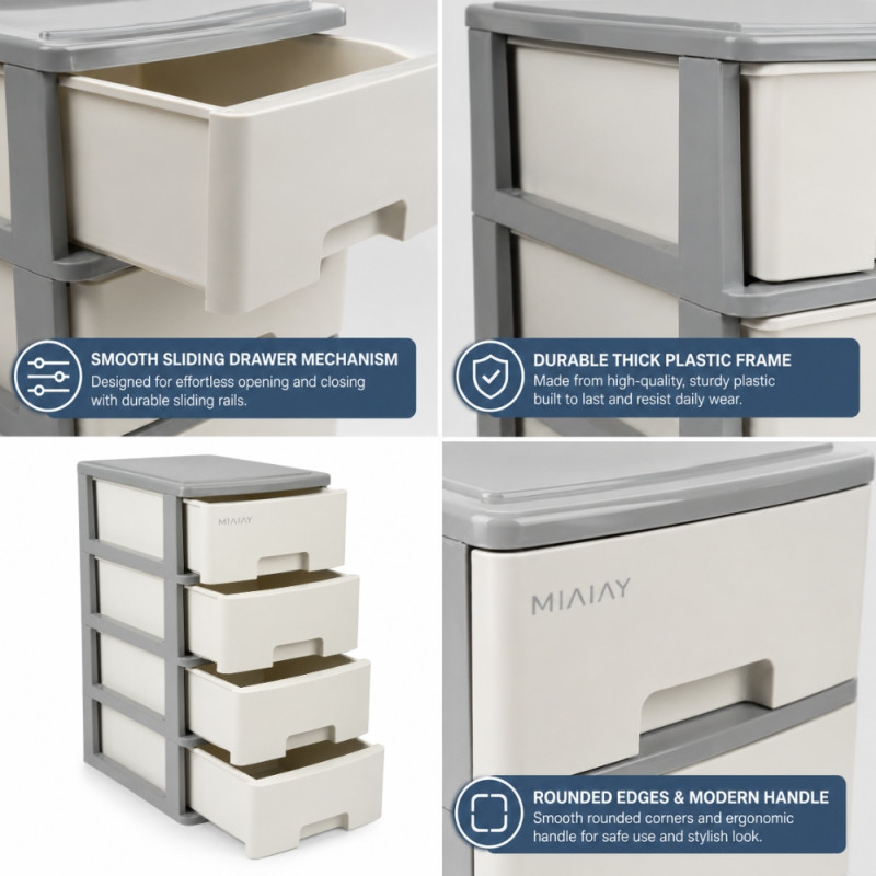4-Tier Plastic Storage Cabinet – Off-White & Gray – 35.5 x 18 x 26.5 cm