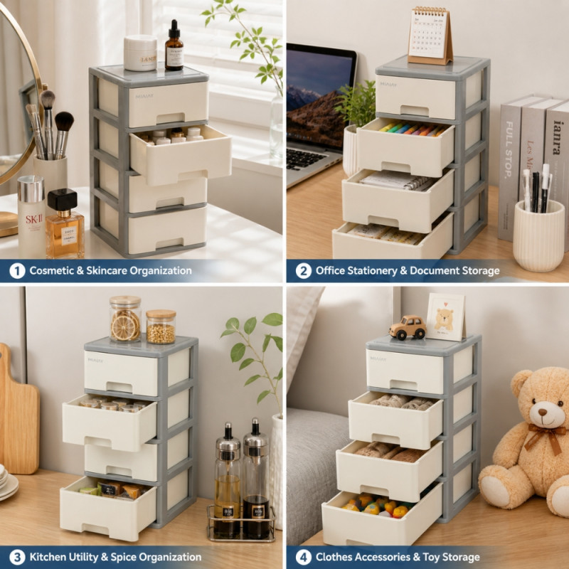 4-Tier Plastic Storage Cabinet – Off-White & Gray – 35.5 x 18 x 26.5 cm