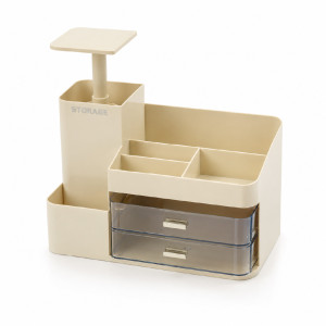 Beige Multi-Compartment Cosmetic Organizer with Rotating Top & Transparent Drawers – 30 x 32 cm