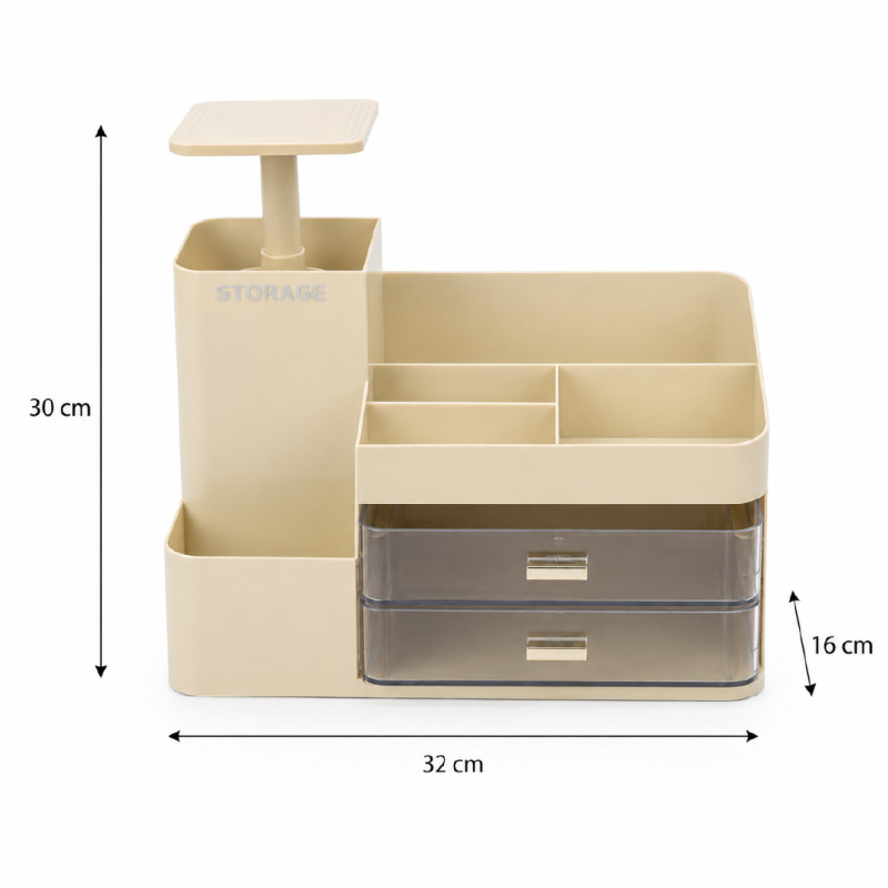 Beige Multi-Compartment Cosmetic Organizer with Rotating Top & Transparent Drawers – 30 x 32 cm