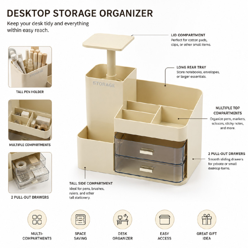 Beige Multi-Compartment Cosmetic Organizer with Rotating Top & Transparent Drawers – 30 x 32 cm