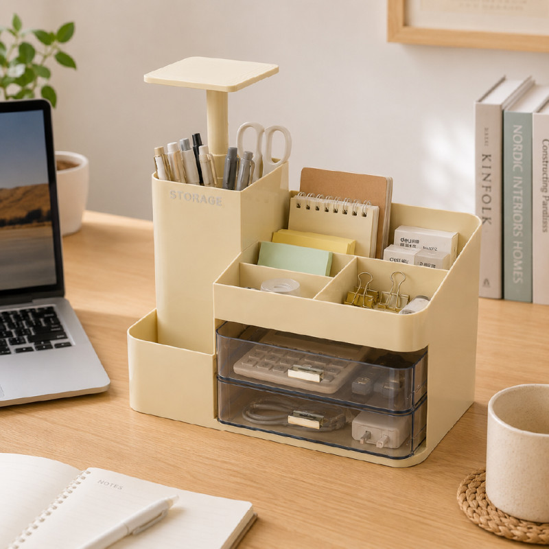 Beige Multi-Compartment Cosmetic Organizer with Rotating Top & Transparent Drawers – 30 x 32 cm