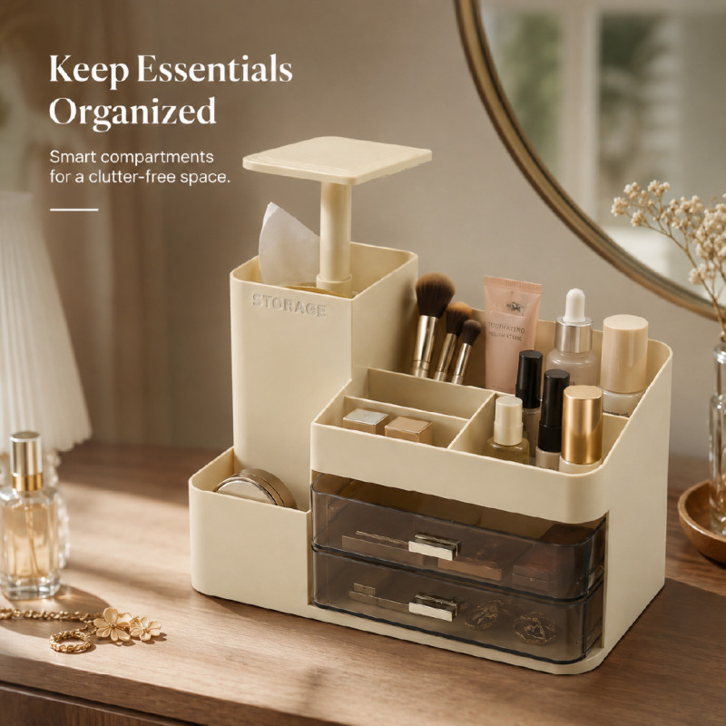 Beige Multi-Compartment Cosmetic Organizer with Rotating Top & Transparent Drawers – 30 x 32 cm