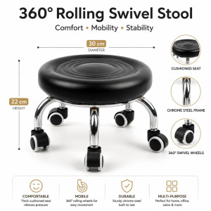 Black Round PU Leather Low Rolling Swivel Stool with Chrome Legs – 22 x 30cm – Silver & Black