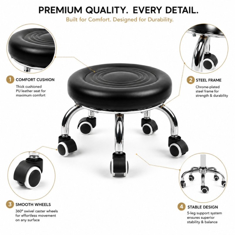 Black Round PU Leather Low Rolling Swivel Stool with Chrome Legs – 22 x 30cm – Silver & Black