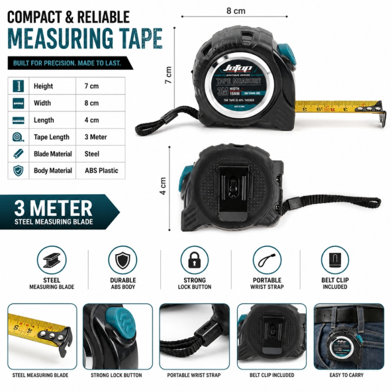 Professional Compact Steel Tape Measure – Rugged Black Case (7x8x4cm)