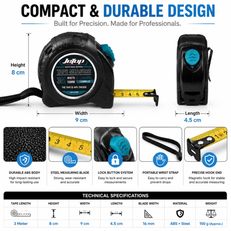 Professional 3-Meter Retractable Steel Tape Measure – Ergonomic Black &amp; Blue Rubberized Case (8x9x4.5cm)