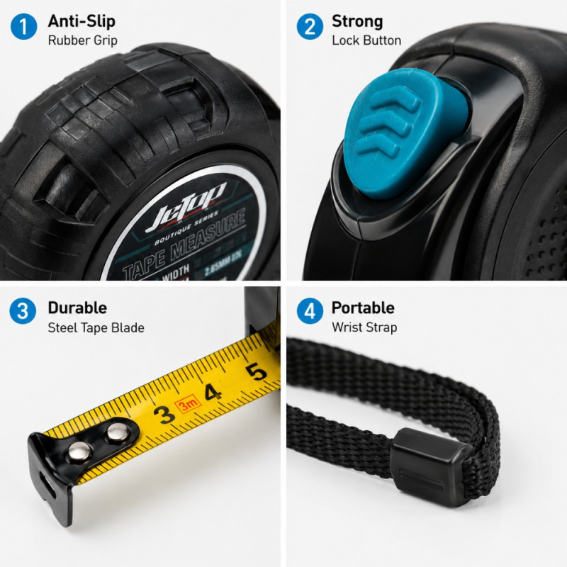 Professional 3-Meter Retractable Steel Tape Measure – Ergonomic Black &amp; Blue Rubberized Case (8x9x4.5cm)