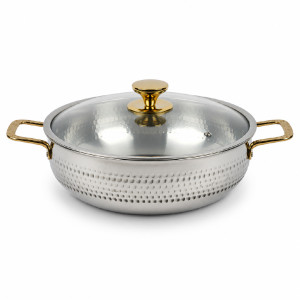 Hammered Stainless Steel Hot Pot with Glass Lid & Gold Handles – 46 x 16cm – Silver & Gold