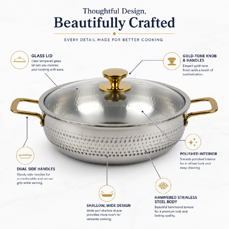 Hammered Stainless Steel Hot Pot with Glass Lid &amp; Gold Handles – 46 x 16cm – Silver &amp; Gold
