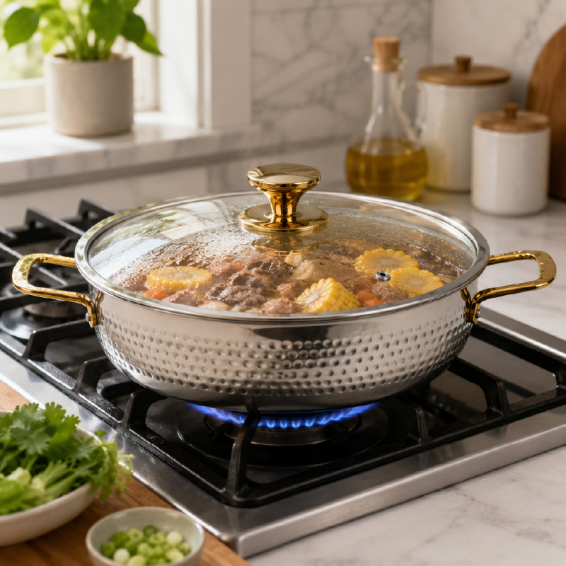 Hammered Stainless Steel Hot Pot with Glass Lid &amp; Gold Handles – 46 x 16cm – Silver &amp; Gold