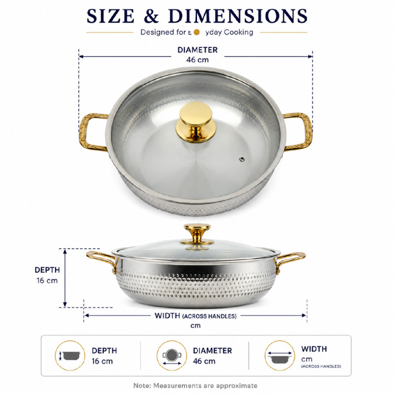 Hammered Stainless Steel Hot Pot with Glass Lid &amp; Gold Handles – 46 x 16cm – Silver &amp; Gold