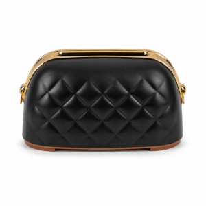 Black, Quilted Faux-Leather Tissue Box Holder with Gold-Tone Metal Trim – 12x22cm – Black/Gold