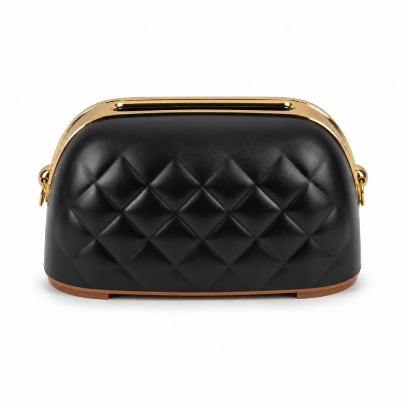 Black, Quilted Faux-Leather Tissue Box Holder with Gold-Tone Metal Trim – 12x22cm – Black/Gold