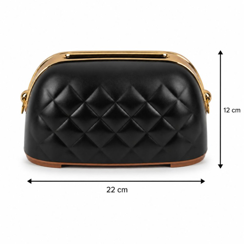 Black, Quilted Faux-Leather Tissue Box Holder with Gold-Tone Metal Trim – 12x22cm – Black/Gold