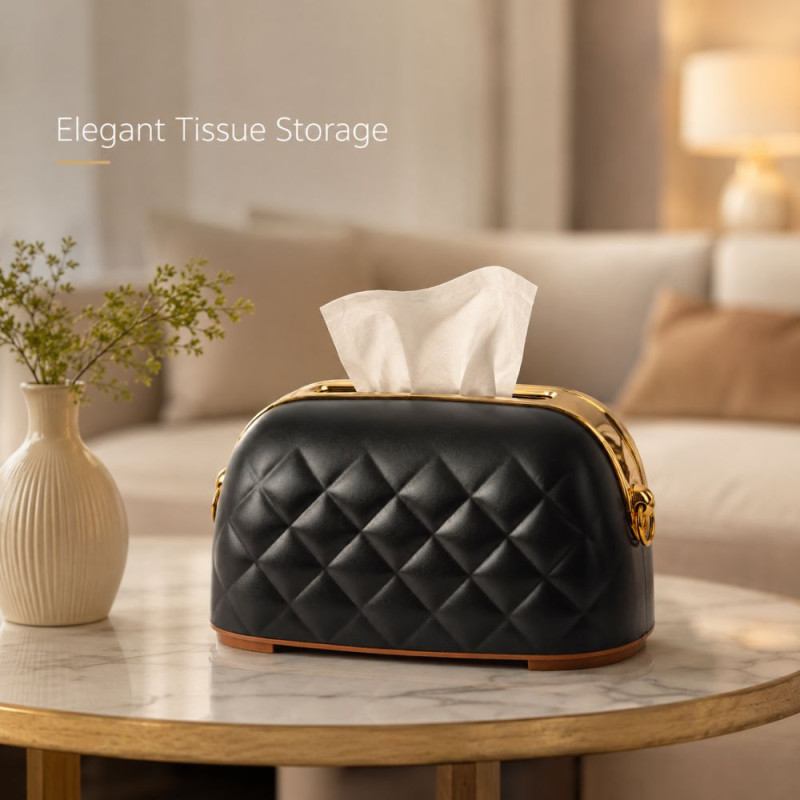 Black, Quilted Faux-Leather Tissue Box Holder with Gold-Tone Metal Trim – 12x22cm – Black/Gold