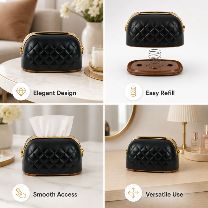 Black, Quilted Faux-Leather Tissue Box Holder with Gold-Tone Metal Trim – 12x22cm – Black/Gold