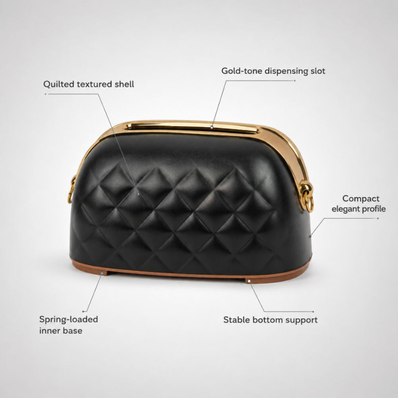 Black, Quilted Faux-Leather Tissue Box Holder with Gold-Tone Metal Trim – 12x22cm – Black/Gold