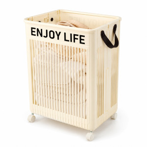 cream-colored Noon East foldable laundry basket made of plastic featuring wheels and handles; 57 x 37 x 28cm; Ivory
