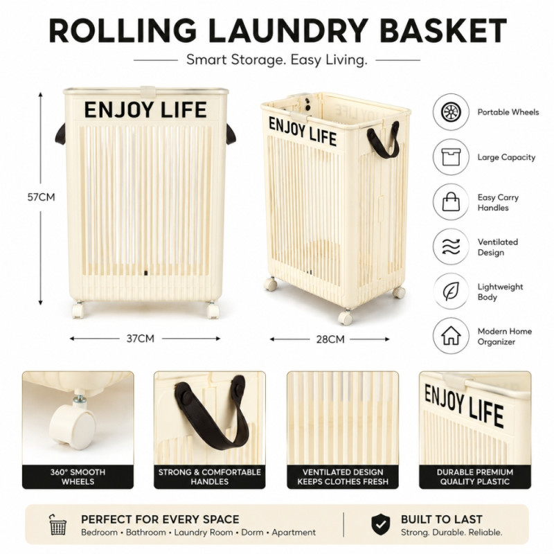 cream-colored Noon East foldable laundry basket made of plastic featuring wheels and handles; 57 x 37 x 28cm; Ivory