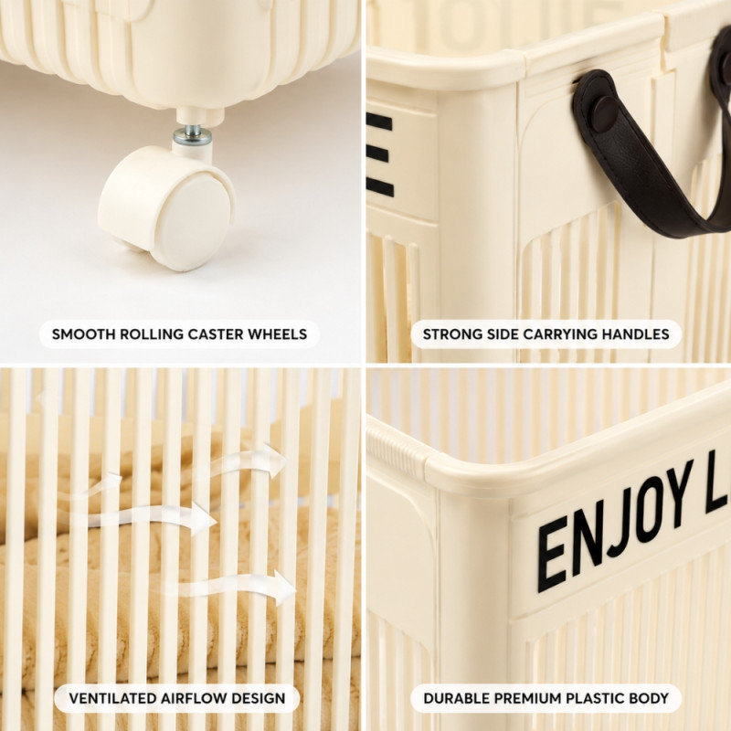 cream-colored Noon East foldable laundry basket made of plastic featuring wheels and handles; 57 x 37 x 28cm; Ivory