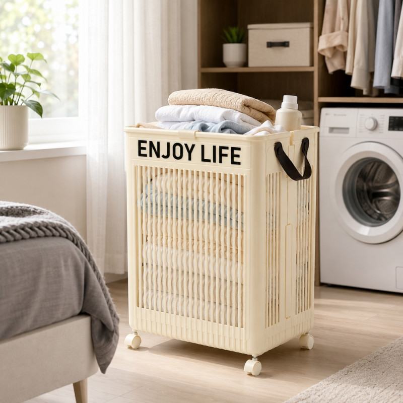 cream-colored Noon East foldable laundry basket made of plastic featuring wheels and handles; 57 x 37 x 28cm; Ivory