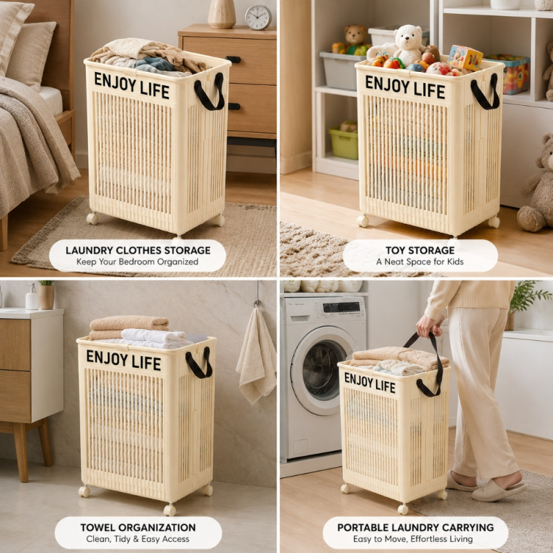 cream-colored Noon East foldable laundry basket made of plastic featuring wheels and handles; 57 x 37 x 28cm; Ivory